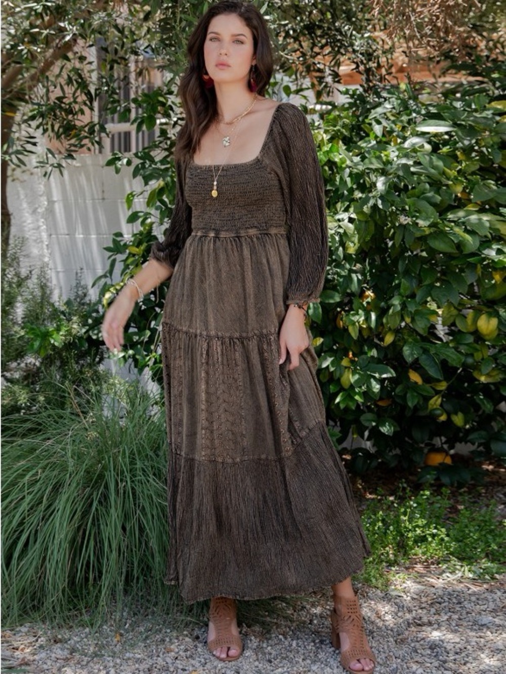 Boho Maxi Dress Smocked Square-Neck